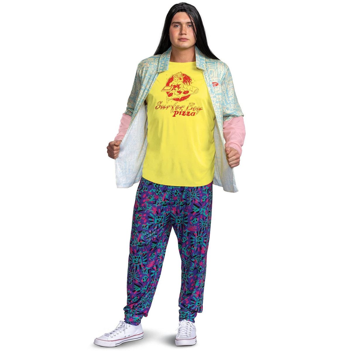 A mens Stranger Things Argyle costume with a tie-dye shirt over a patterned shirt and paisley trousers and a long dark wig