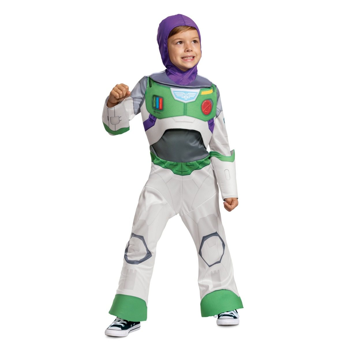 A kids white green and purple Buzz Lightyear space ranger jumpsuit costume with a purple hood