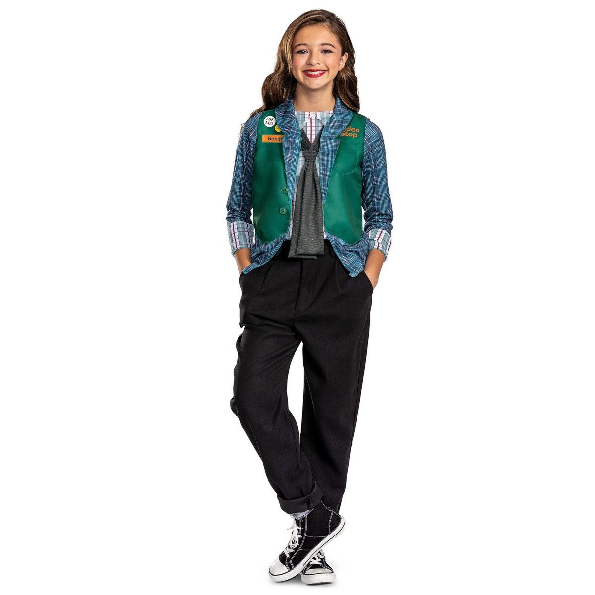 A girls Stranger Things Robin Video Stop costume with a green name badge vest over a striped shirt and grey tie