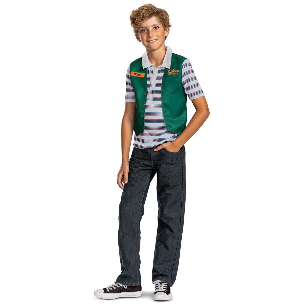 A boys Stranger Things Steve Video Stop costume with a green name badge vest over a striped polo shirt