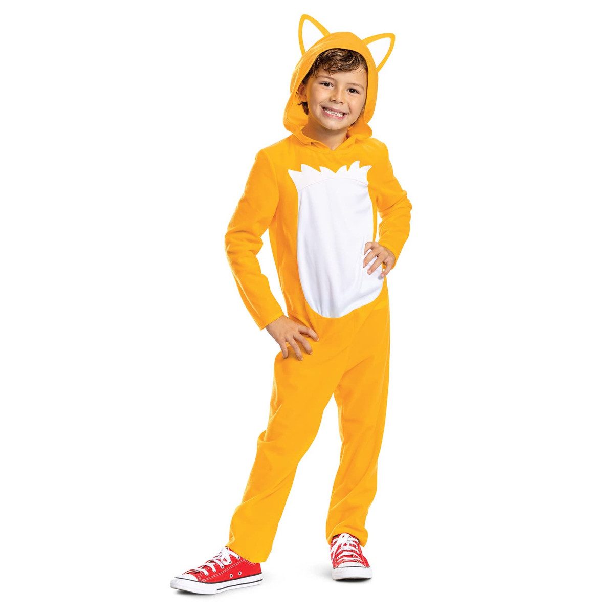A kids orange and white Sonic the Hedgehog Tails jumpsuit costume with a fox ear hood and detachable hood
