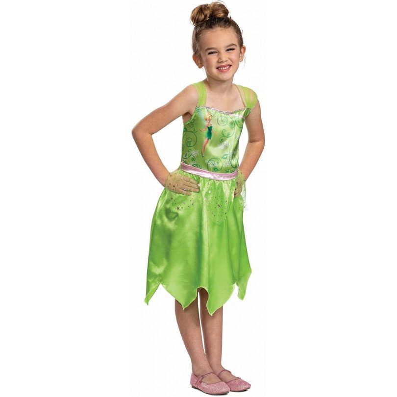 A girls green satin Tinker Bell dress with a handkerchief hem and pink glitter waist trim