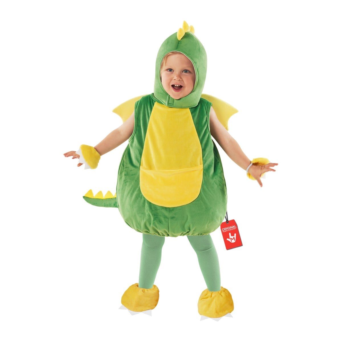 Toddler in the Green Dragon Hatchling Tabard, a round green plush tabard with a yellow belly pocket, a green hood with yellow spikes, small yellow wings and clawed yellow feet covers