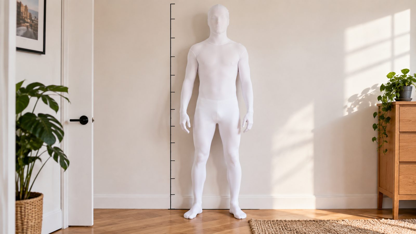 Measuring height against a wall before checking a Morphsuit size guide