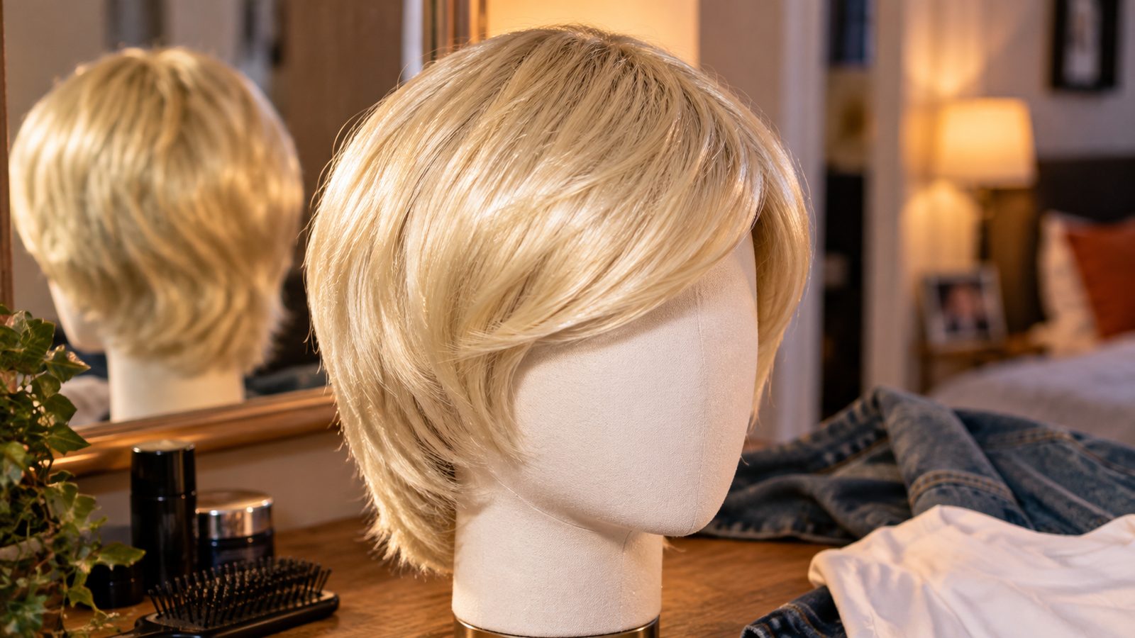 Close detail of a blonde boy band wig with a deep side-swept curtain fringe, 90s fancy dress accessory