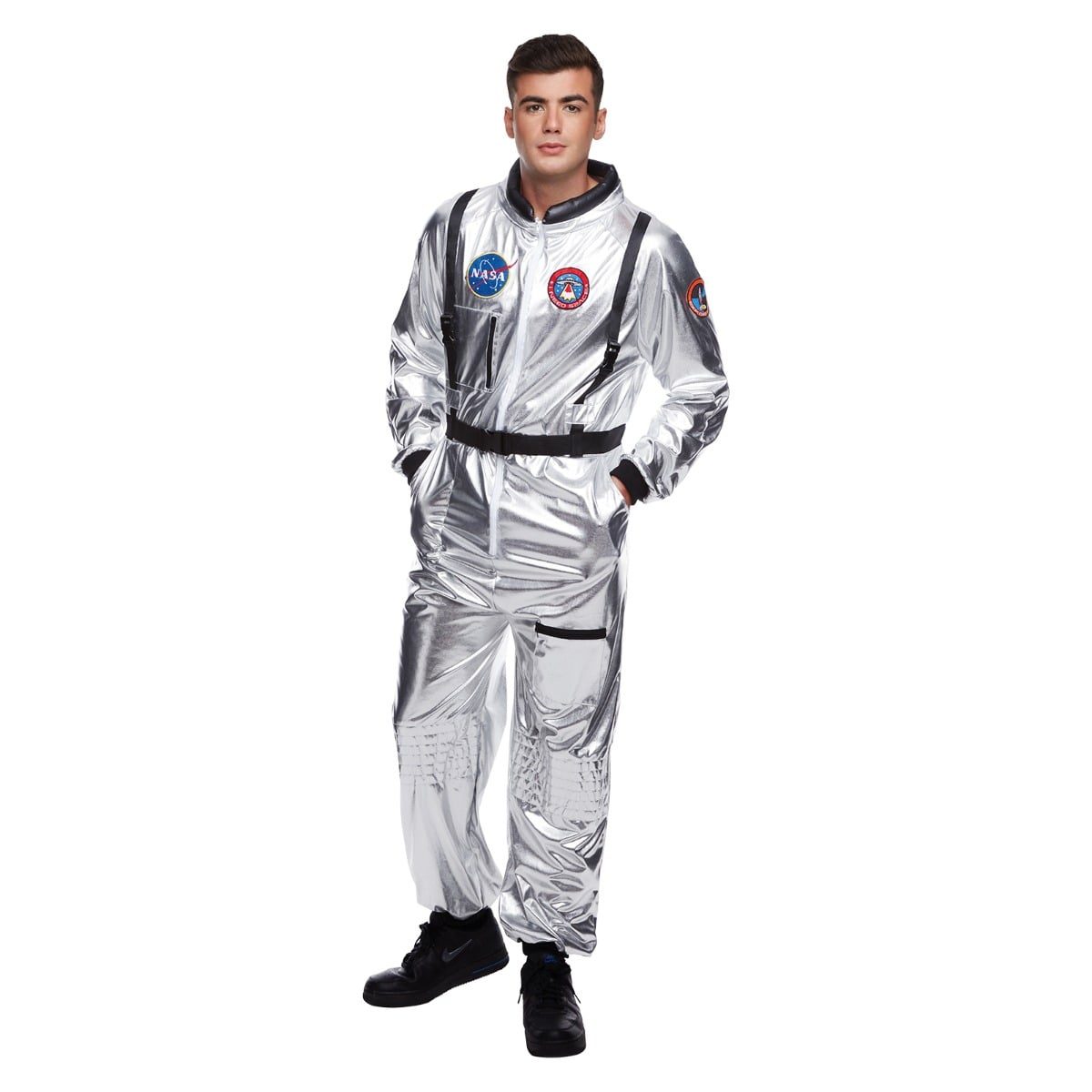 Man wearing the Men's Silver Astronaut Suit Costume, a metallic silver jumpsuit with badges and belt