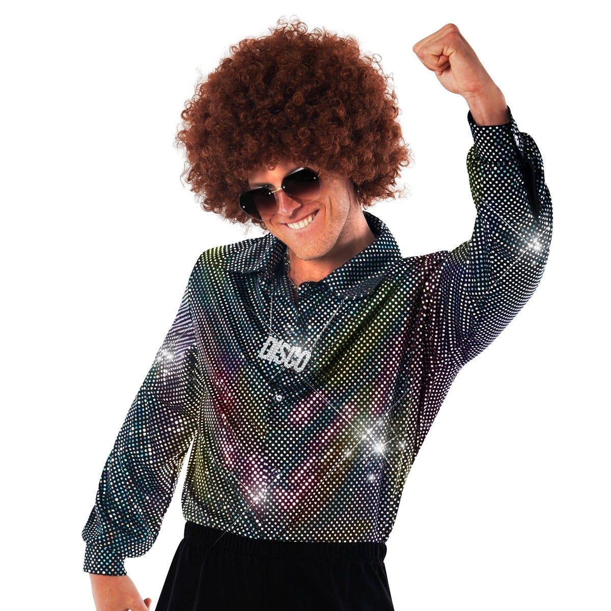 Man wearing the Mens Disco Dude 70s Costume Shirt, an iridescent spotted disco shirt