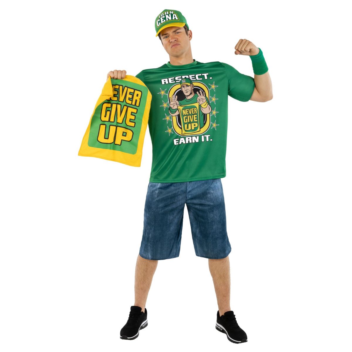 John Cena WWE costume with muscle-padded top, shorts, cap and Never Give Up towel