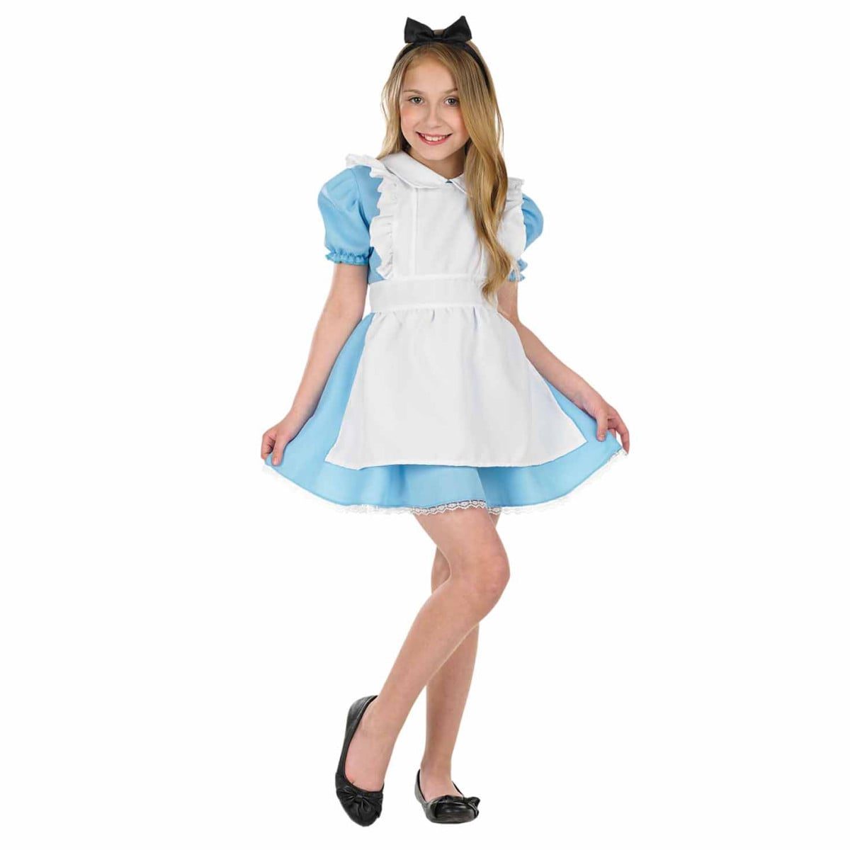 Girl wearing the classic blue Alice in Wonderland costume with a white pinafore apron and black bow hairband