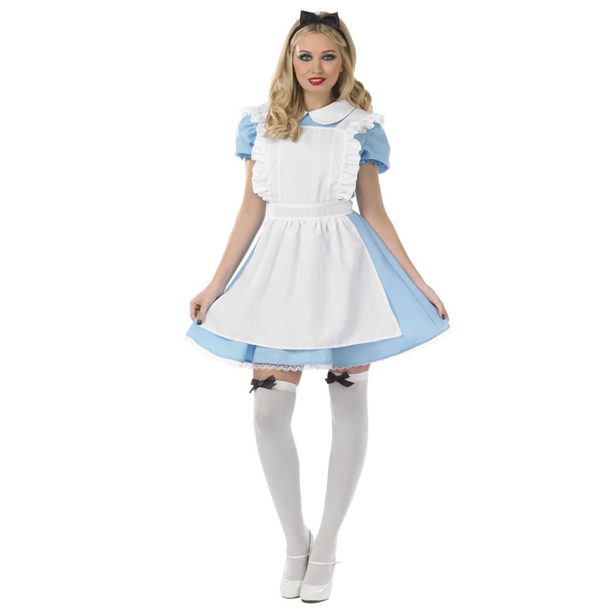 Woman wearing the classic blue Alice in Wonderland costume with white pinafore apron, white knee socks and black bow headband