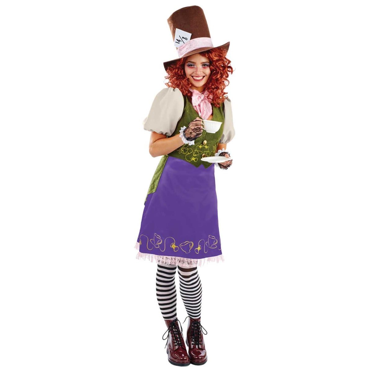 Woman wearing a teacup-print Hatter costume with an oversized top hat and lace gloves