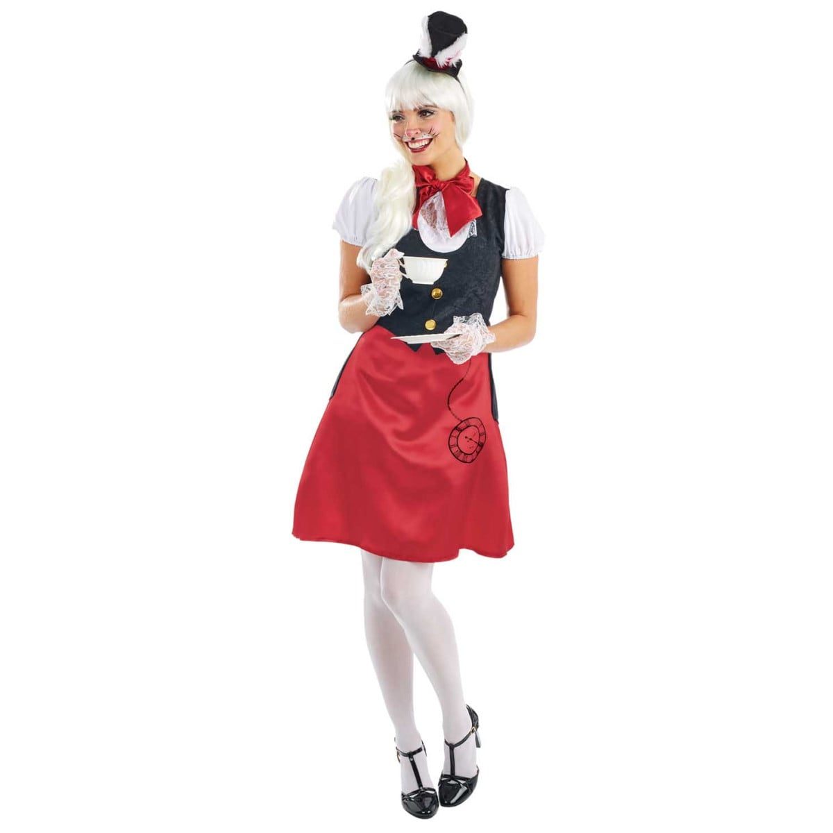 Woman wearing a red and black White Rabbit costume with a printed pocket watch, top hat headband and lace gloves