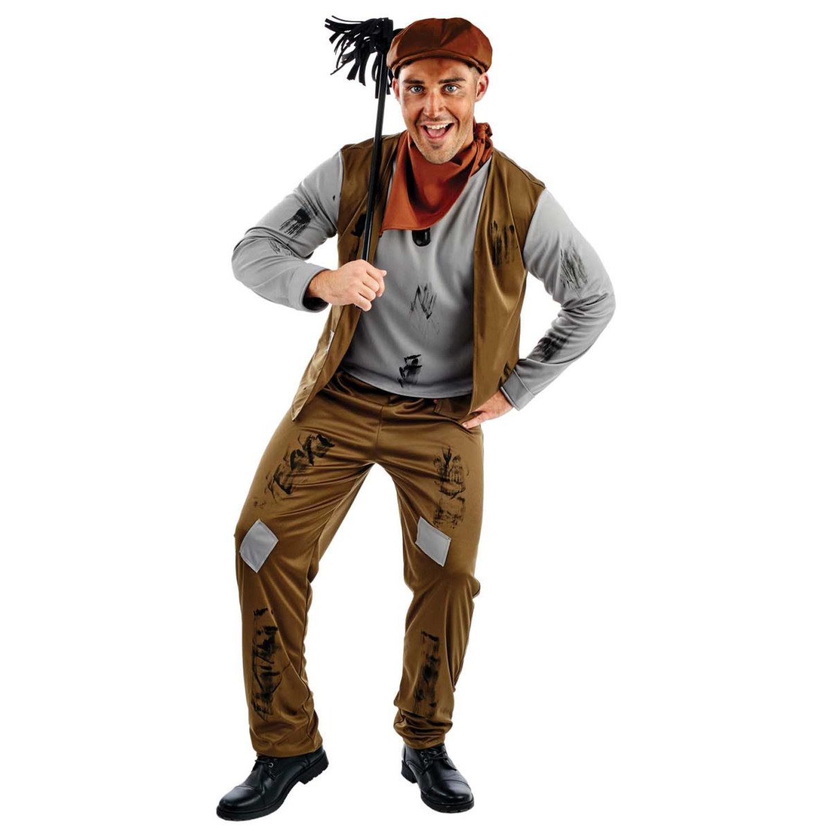 Mens Chimney Sweep Costume, a grey and brown Victorian-style costume with hat, scarf and brush