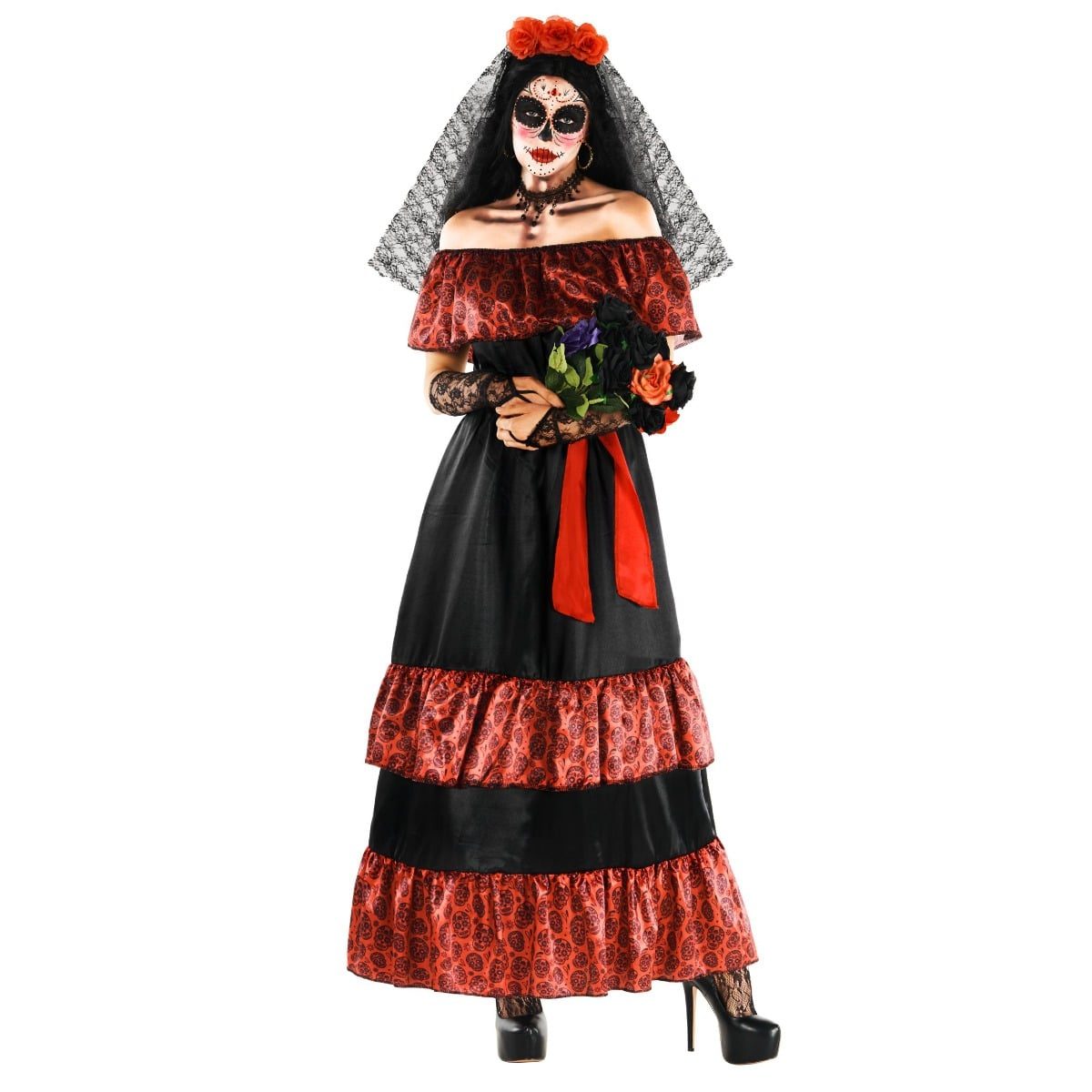 Womens Day of the Dead Señora Costume, a black satin maxi dress with red skull-print ruffles
