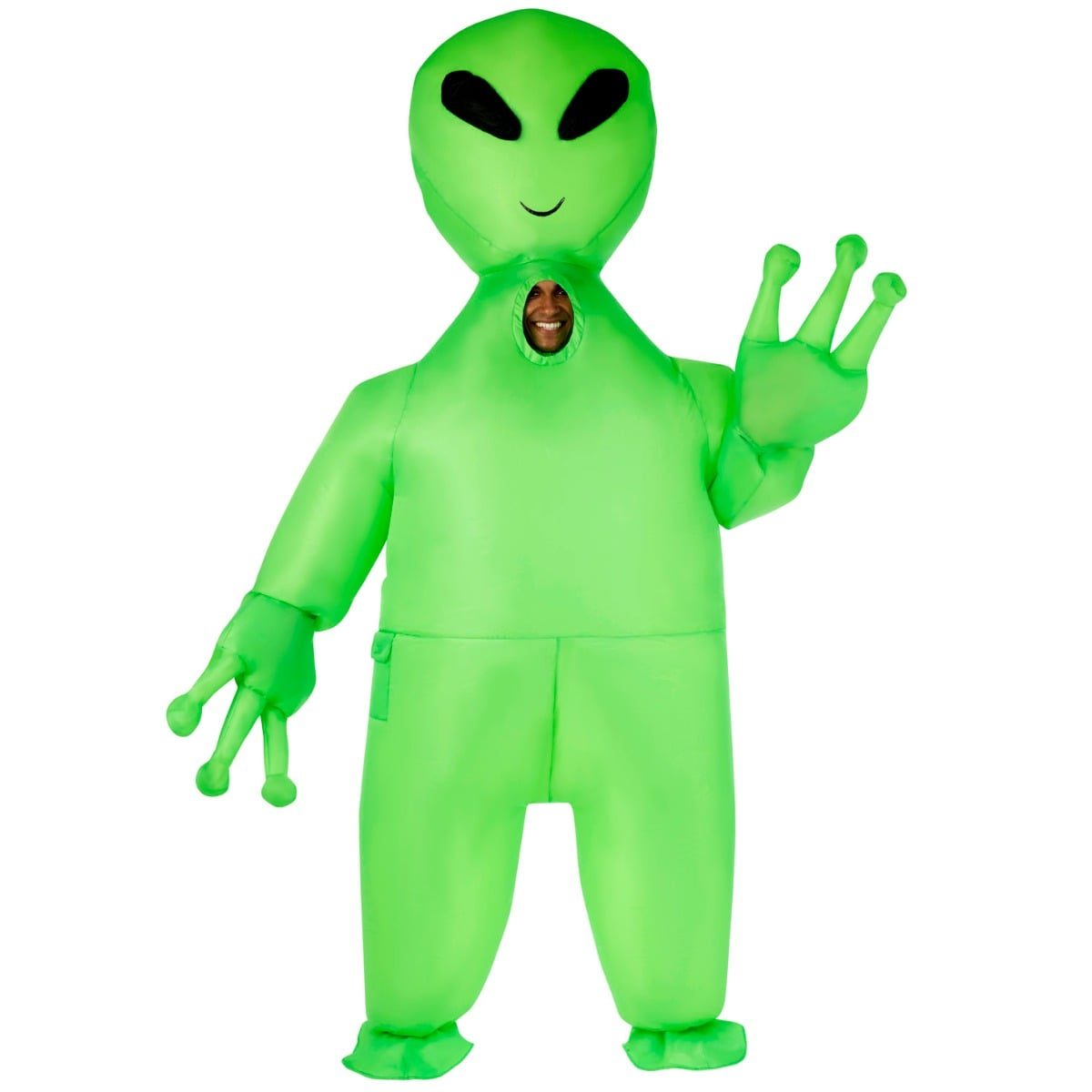 Giant Inflatable Alien Costume, a green fan-powered inflatable adult costume