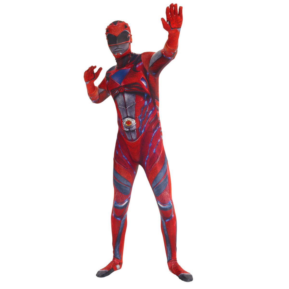 Red full-body bodysuit with a black angular visor-style helmet design printed at the head