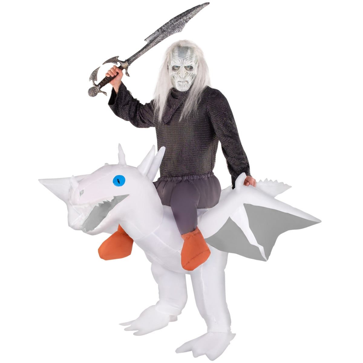 White Ride On Dragon Inflatable Costume, a white fan-powered ride-on dragon costume