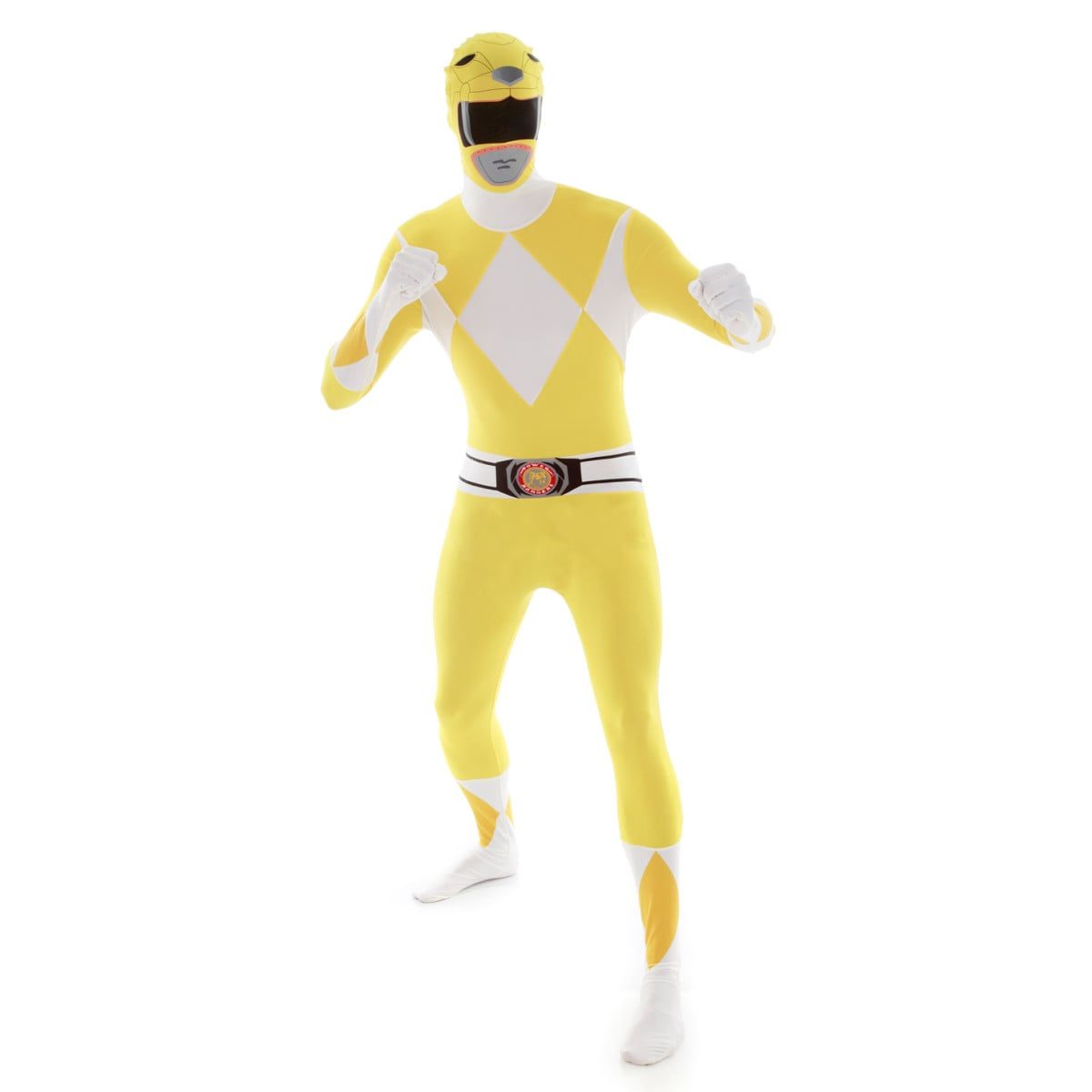 Yellow full-body bodysuit with a black angular visor-style helmet design printed at the head