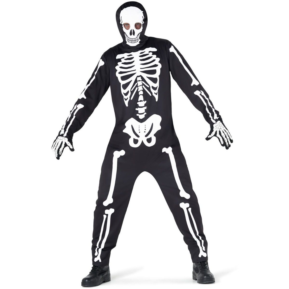 Men's full-length skeleton jumpsuit costume with bone print and removable hood