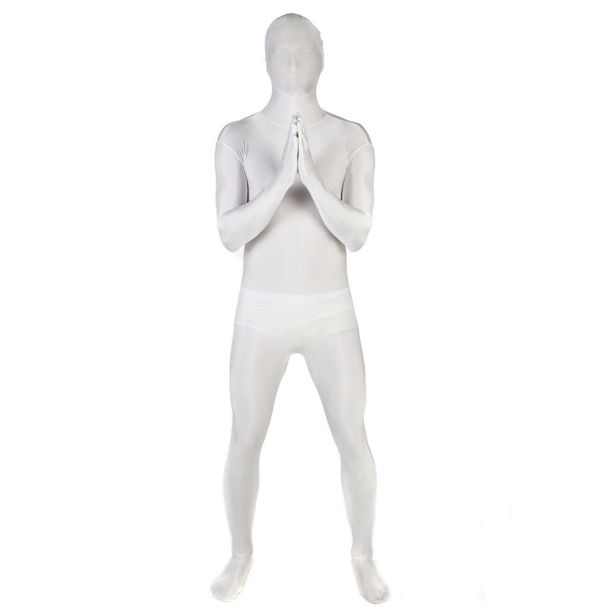Person wearing a plain white Morphsuit bodysuit, full coverage from neck to wrist and ankle