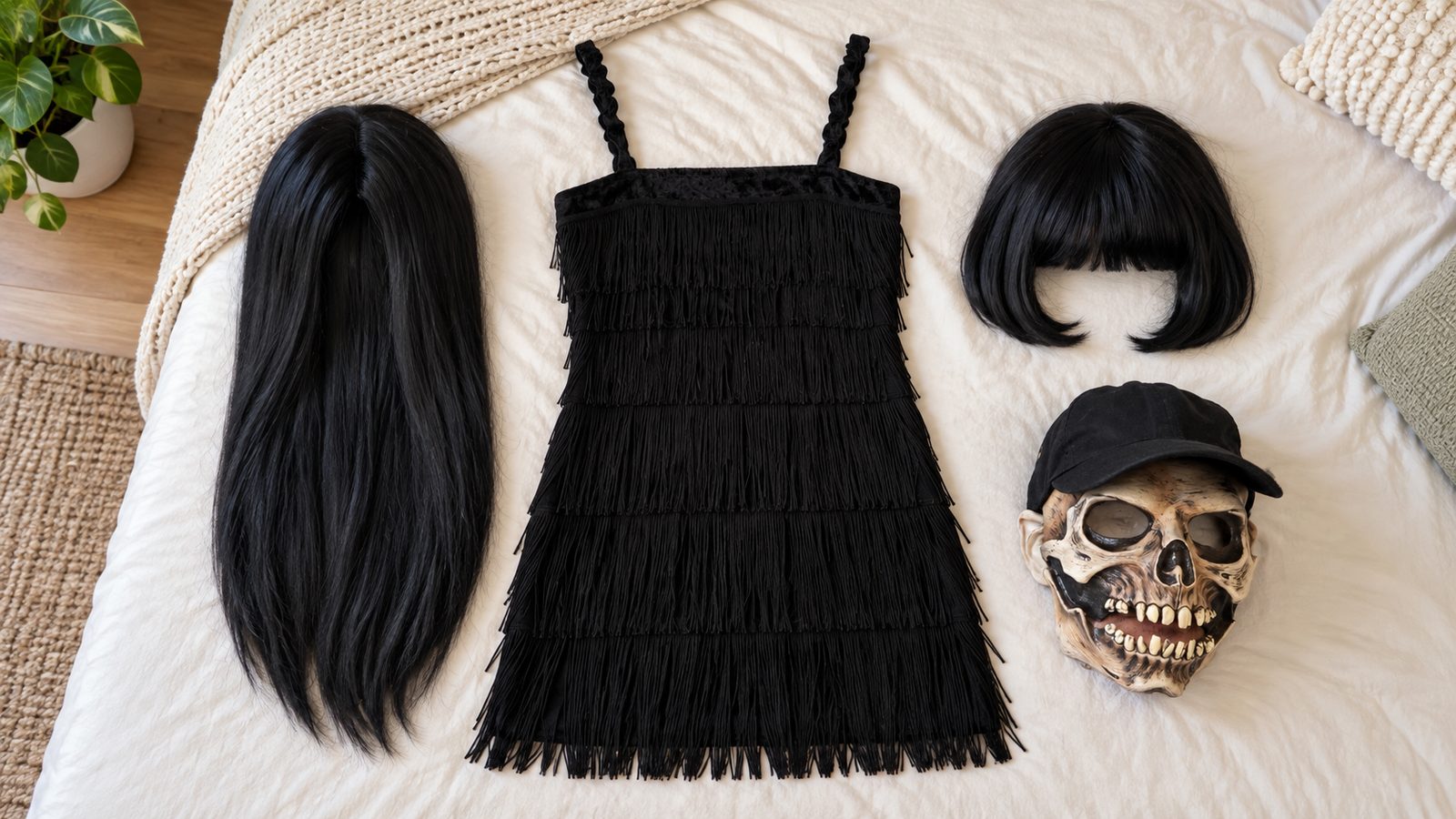 Flat lay of a black dress with a black wig, a bob wig and a skull mask as Halloween add-on options