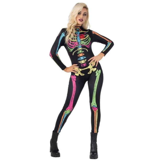 Womens colour skeleton bodysuit costume from MorphCostumes with bold bones print