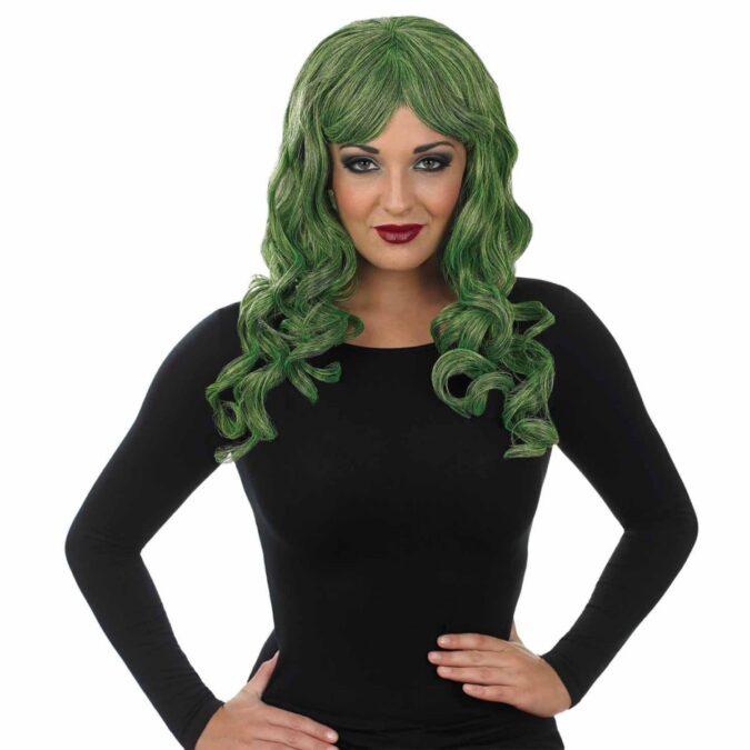 Long curly green wig from MorphCostumes styled as a witch look