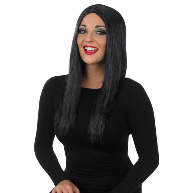 Long straight black wig from MorphCostumes styled as a gothic vampire look
