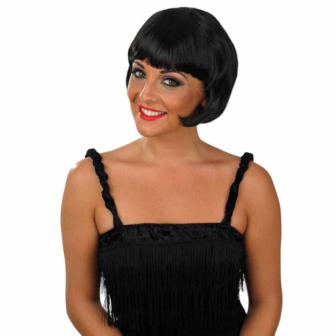 Short black bob wig with fringe from MorphCostumes styled as a 1920s look