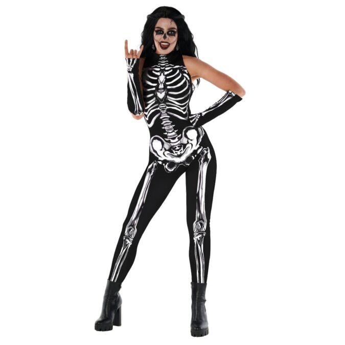 Womens sleeveless skeleton bodysuit costume from MorphCostumes with matching arm warmers