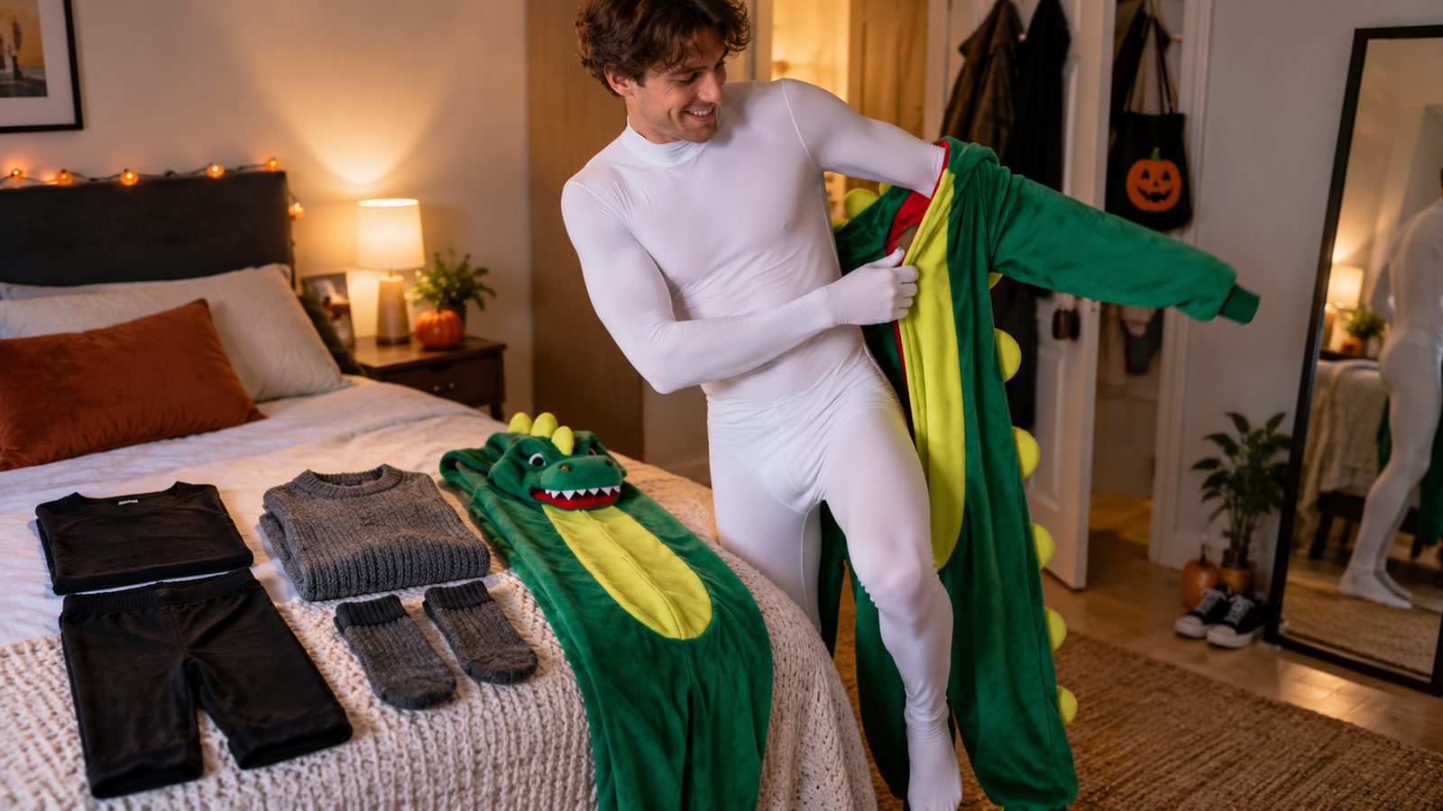 Halloween costume layering order: base-layer Morphsuit, mid-layer costume piece, then the outer costume