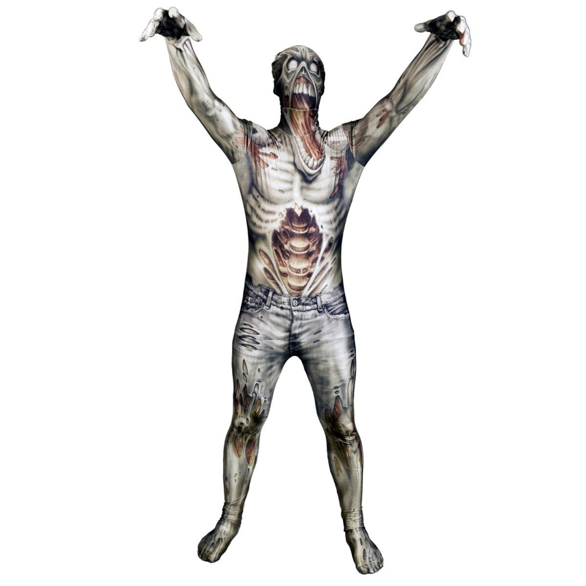 Person wearing a full-body zombie print Morphsuit with hood, head to foot coverage