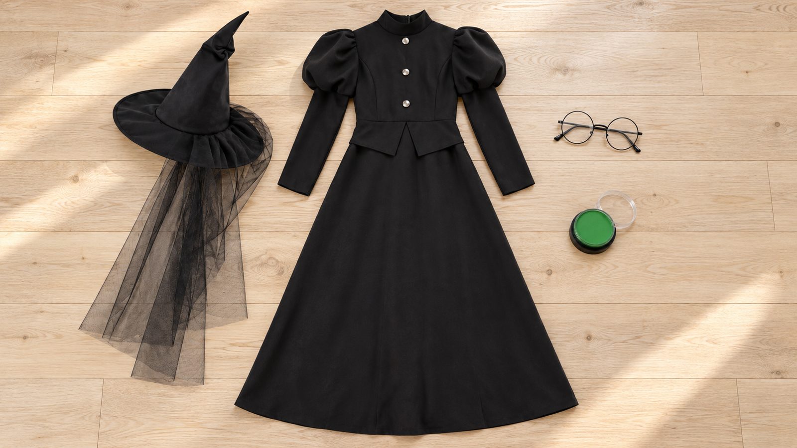 Flat lay of a black witch costume pack with pointed hat and veil, round glasses and green face paint