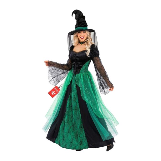 Women's Enchanting Green Witch costume from MorphCostumes with layered green and black dress and ruched hat