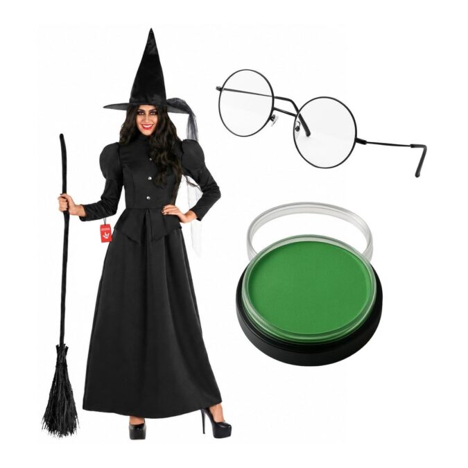 Women's black witch costume from MorphCostumes with full-length dress, veiled hat, glasses and green face paint