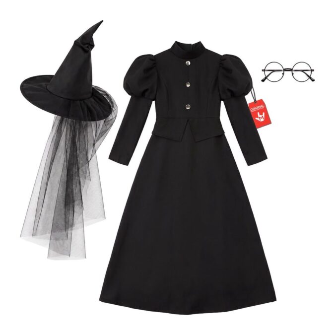 Girls black witch costume from MorphCostumes with long maxi dress, veiled pointed hat and round glasses