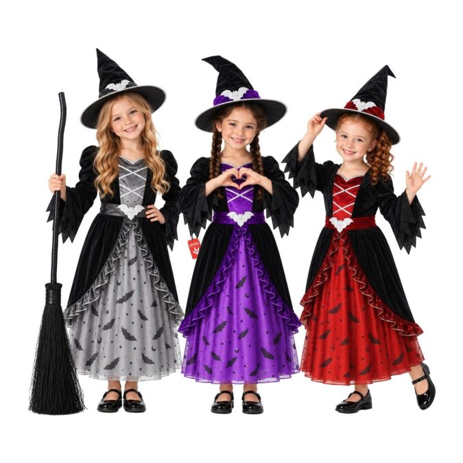 Three girls in MorphCostumes bat witch costumes in grey, purple and red velour with bat-detailed hats