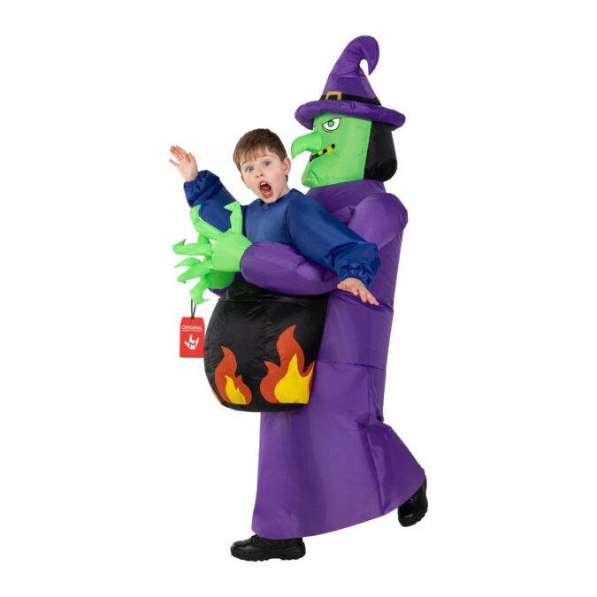 Kids inflatable witch cauldron costume from MorphCostumes giving the illusion of a witch carrying a child