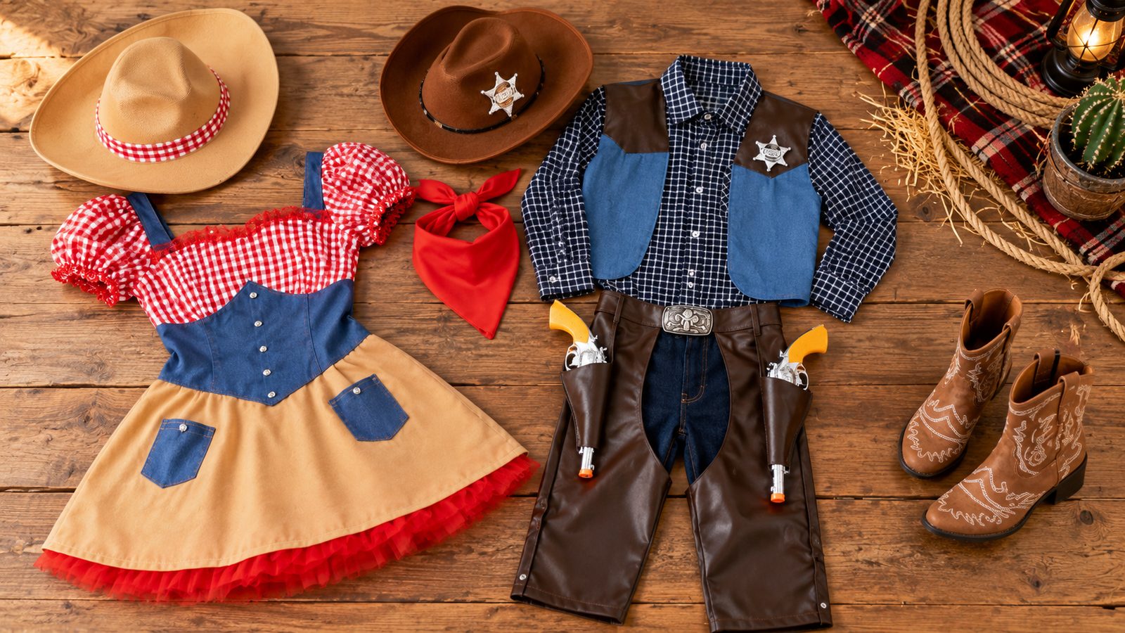Flat lay of a cowboy hat, red bandana, sheriff badge and toy pistols laid out next to a checked shirt as Wild West costume add-ons
