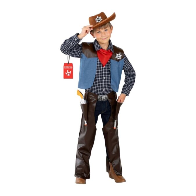 Boys Cowboy Costume with Pistols from MorphCostumes, a sheriff-badge vest, chaps, hat and two toy cap guns