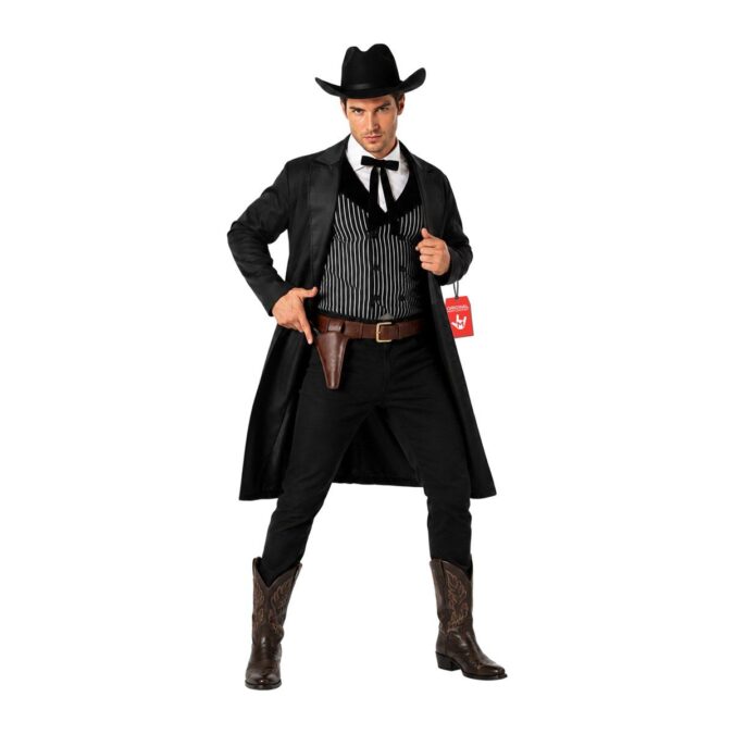 Mens Western Sheriff Costume from MorphCostumes, a black jacket, pinstriped vest, bib and holster set