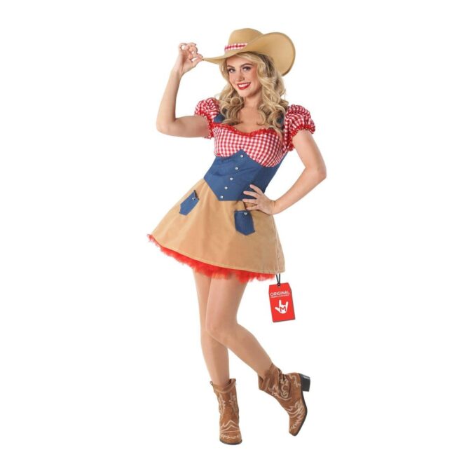 Womens Cowgirl Costume from MorphCostumes, an all-in-one checked and denim dress with matching hat