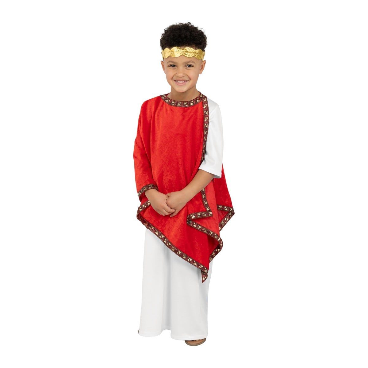 Boy wearing the MorphCostumes Roman Emperor costume, white tunic with red draped robe and gold leaf headband