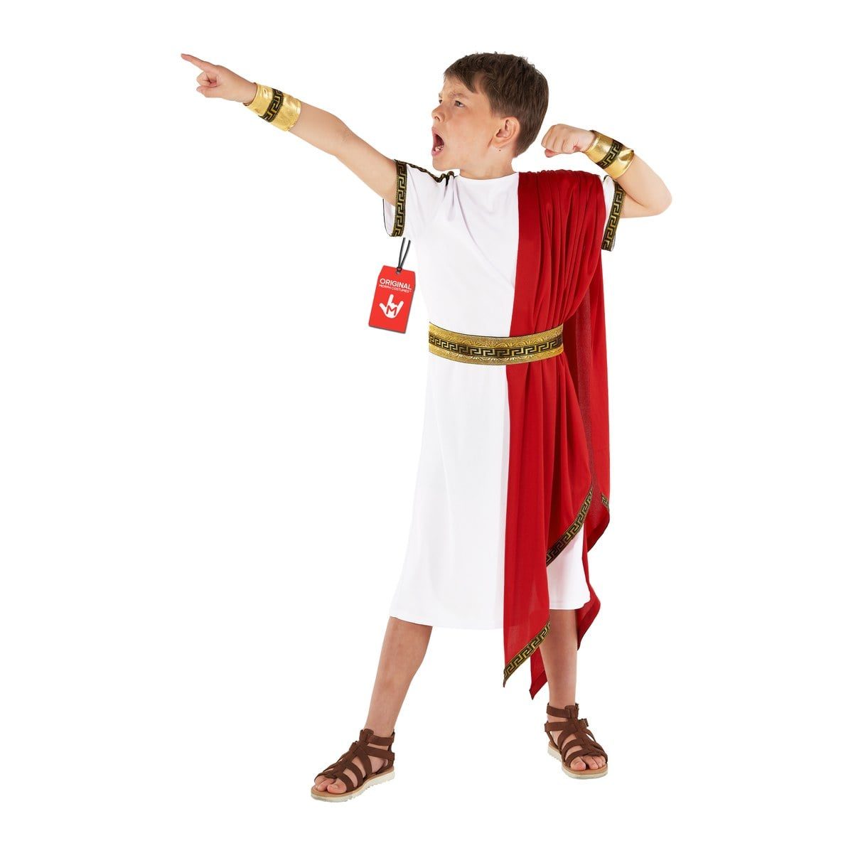 Boy wearing the MorphCostumes Roman toga costume, white tunic with red sash and gold arm cuffs