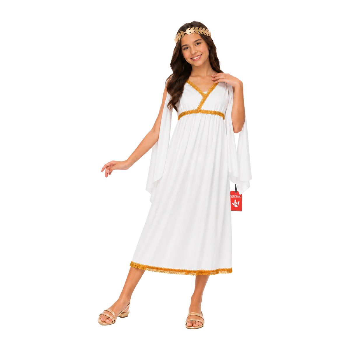 Girl wearing the MorphCostumes Cleopatra Ancient Greek Roman costume, white draped dress with gold trim and gold crown headband