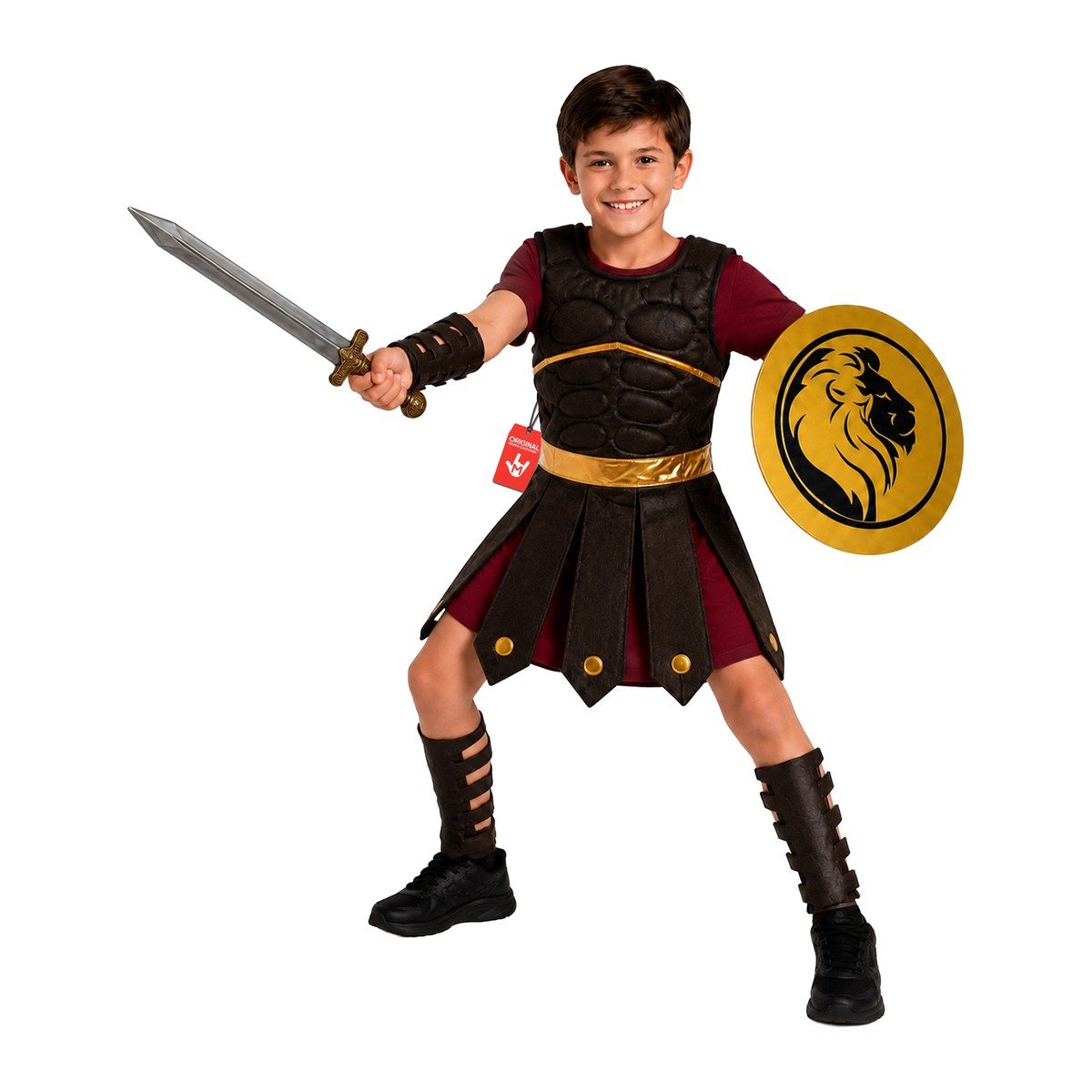 Boy wearing the MorphCostumes Gladiator Kids costume, red tunic with brown padded armour top, arm cuffs and shield