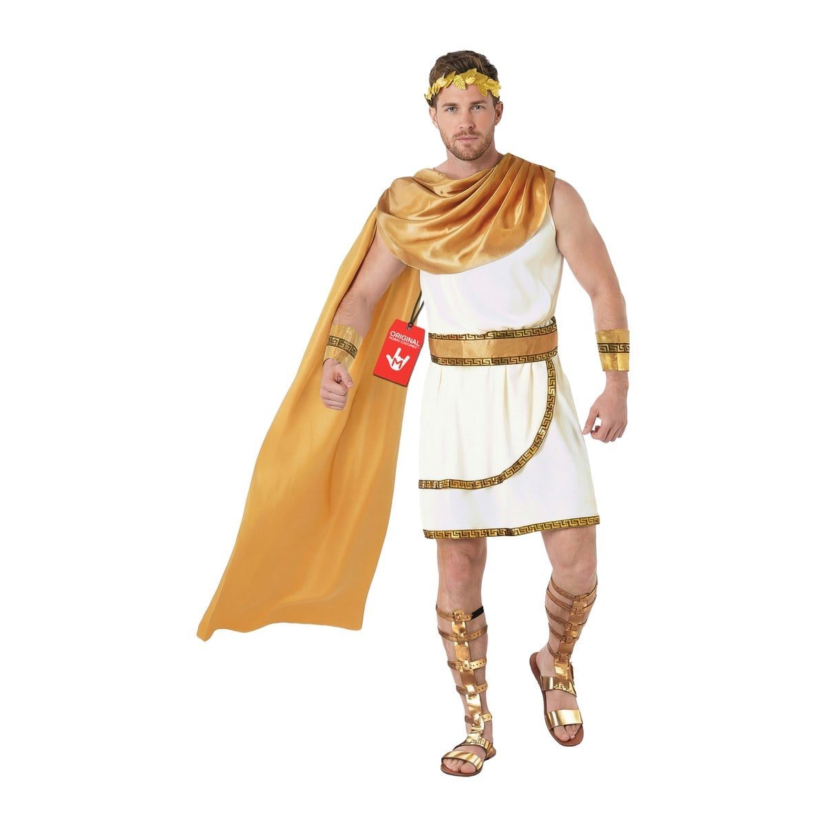 Man wearing the MorphCostumes Roman Greek God costume, white toga with gold satin cape, gold belt and gold leaf headpiece