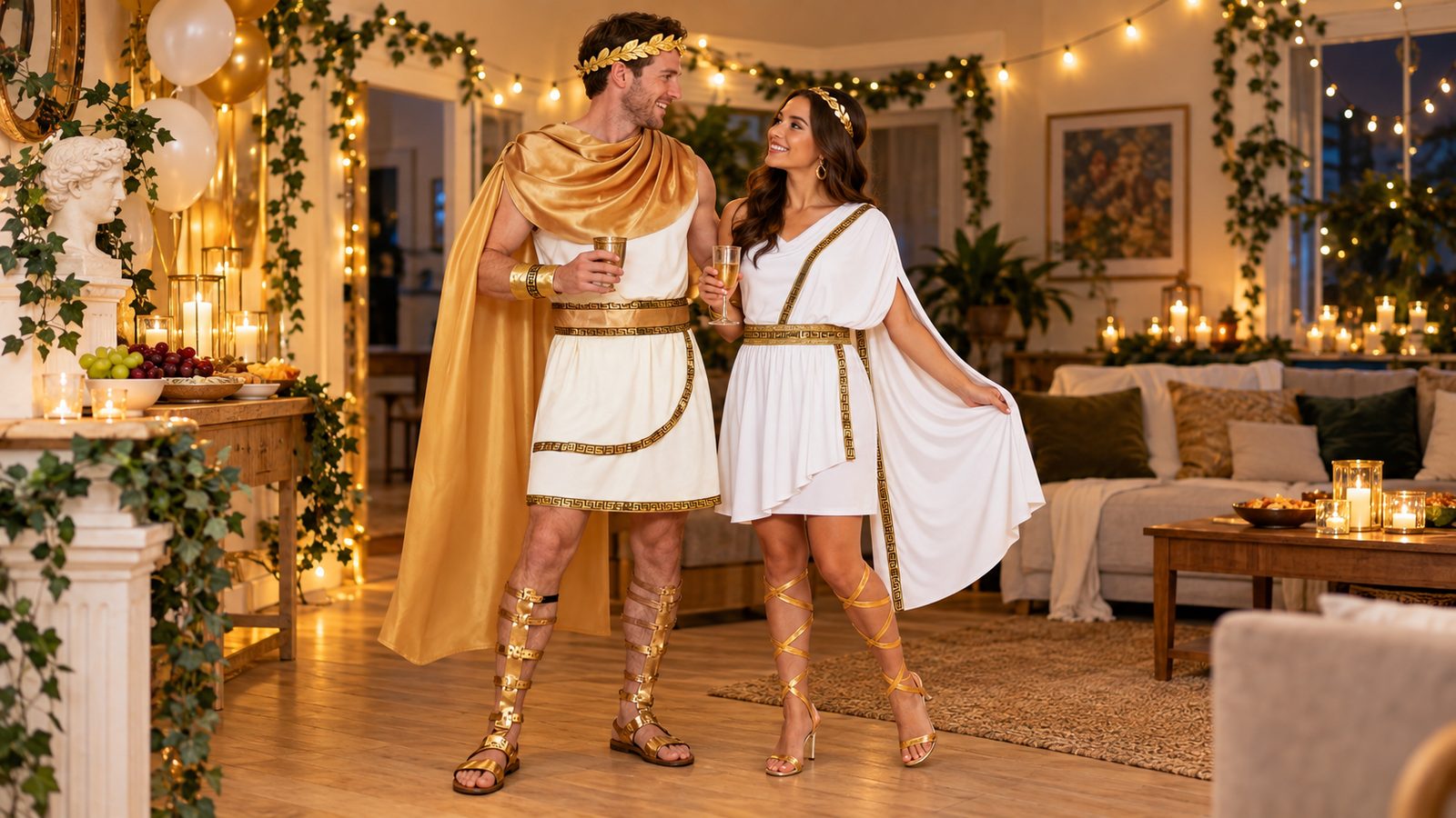 A man and a woman in white Roman toga costumes with gold trim and gold headpieces, at an evening toga party in a decorated home living room