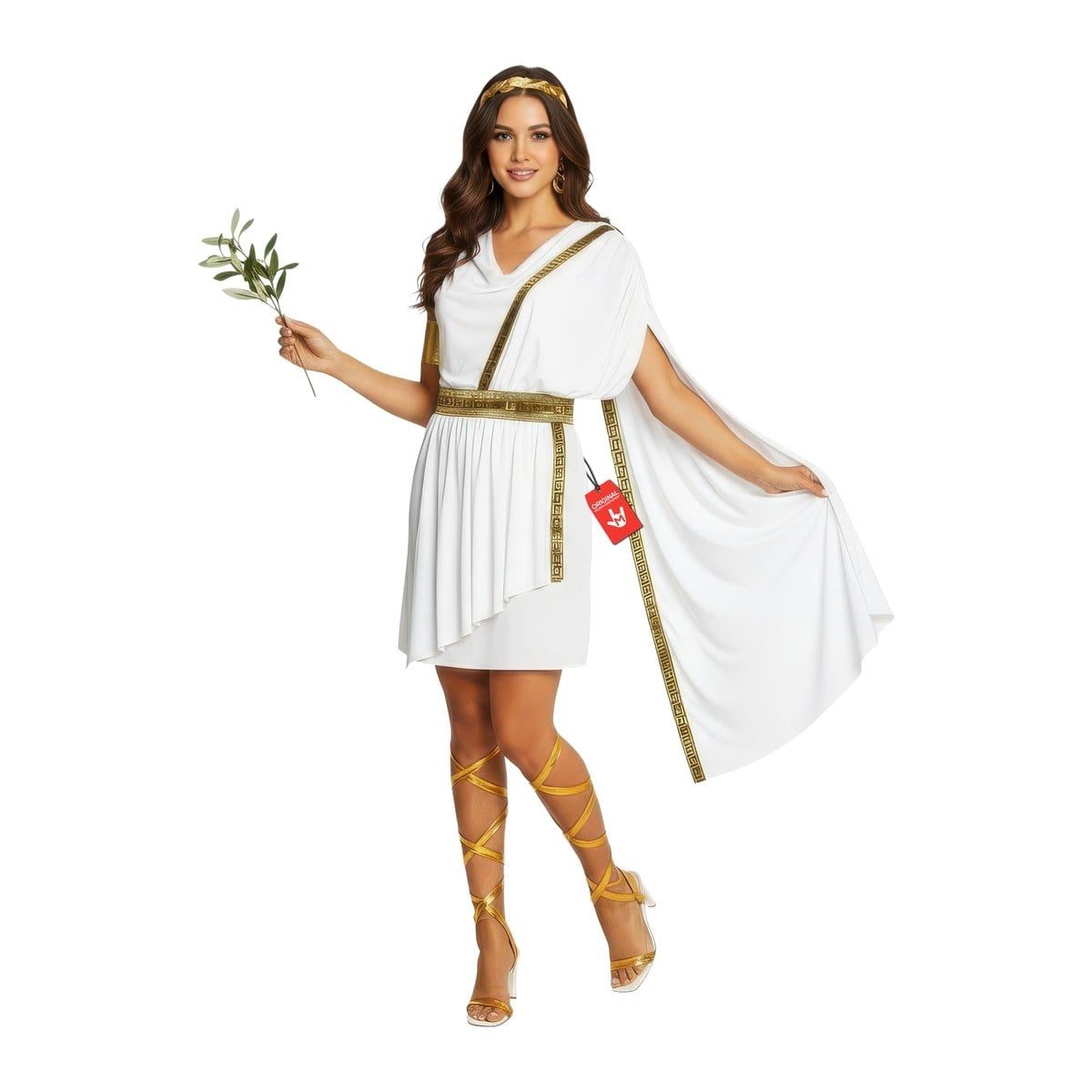 Woman wearing the MorphCostumes white Roman toga costume, one-shoulder dress with gold trim and gold leaf headpiece