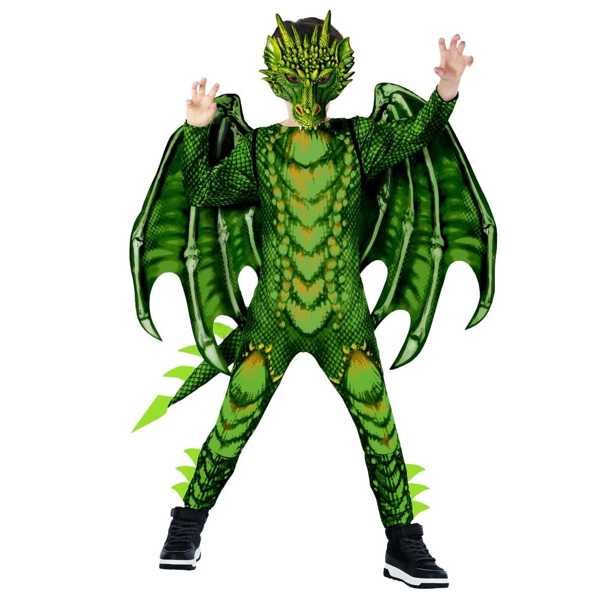 Child wearing a green scale-print dragon jumpsuit with large structured wings, a detachable spiked tail and a moulded green dragon mask with yellow horns